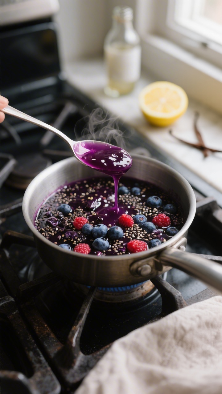 Cooking process — berry chia jam thickening: Close-up of a small saucepan off the heat with a glos
