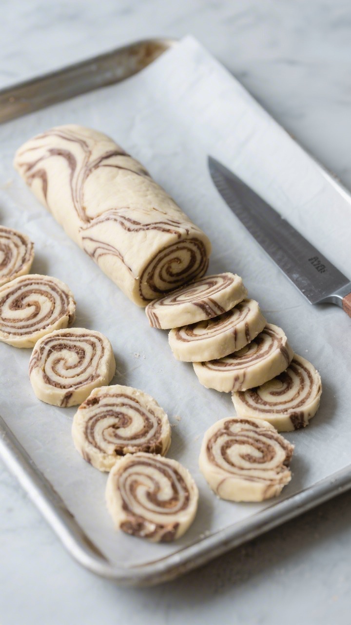 Cooking process: chilled marbled dough log being sliced into neat 1/4-inch rounds on a parchment-lin
