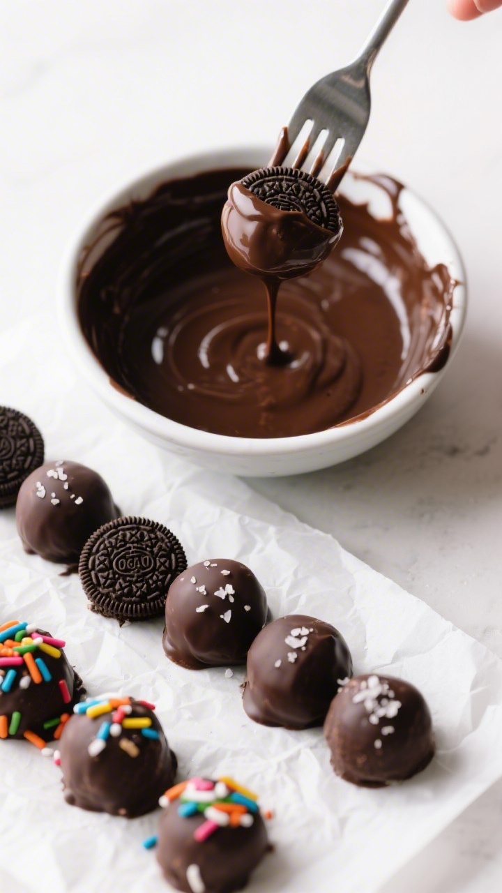 Cooking process: Chilled Oreo truffle centers being coated one-by-one in a bowl of melted dark choco