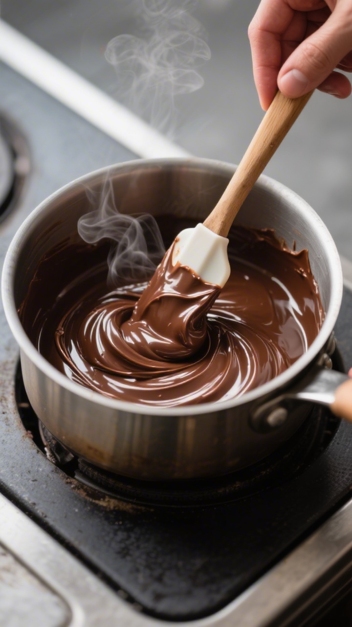Cooking process, close-up detail: A tight, shallow-depth-of-field shot of glossy melted chocolate-pe