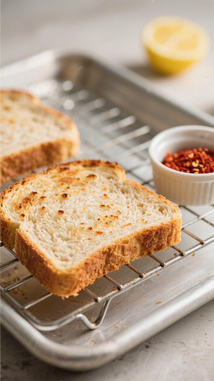 Cooking process, close-up detail: Close-up of two slices of gluten-free rice bread toasting on a wir