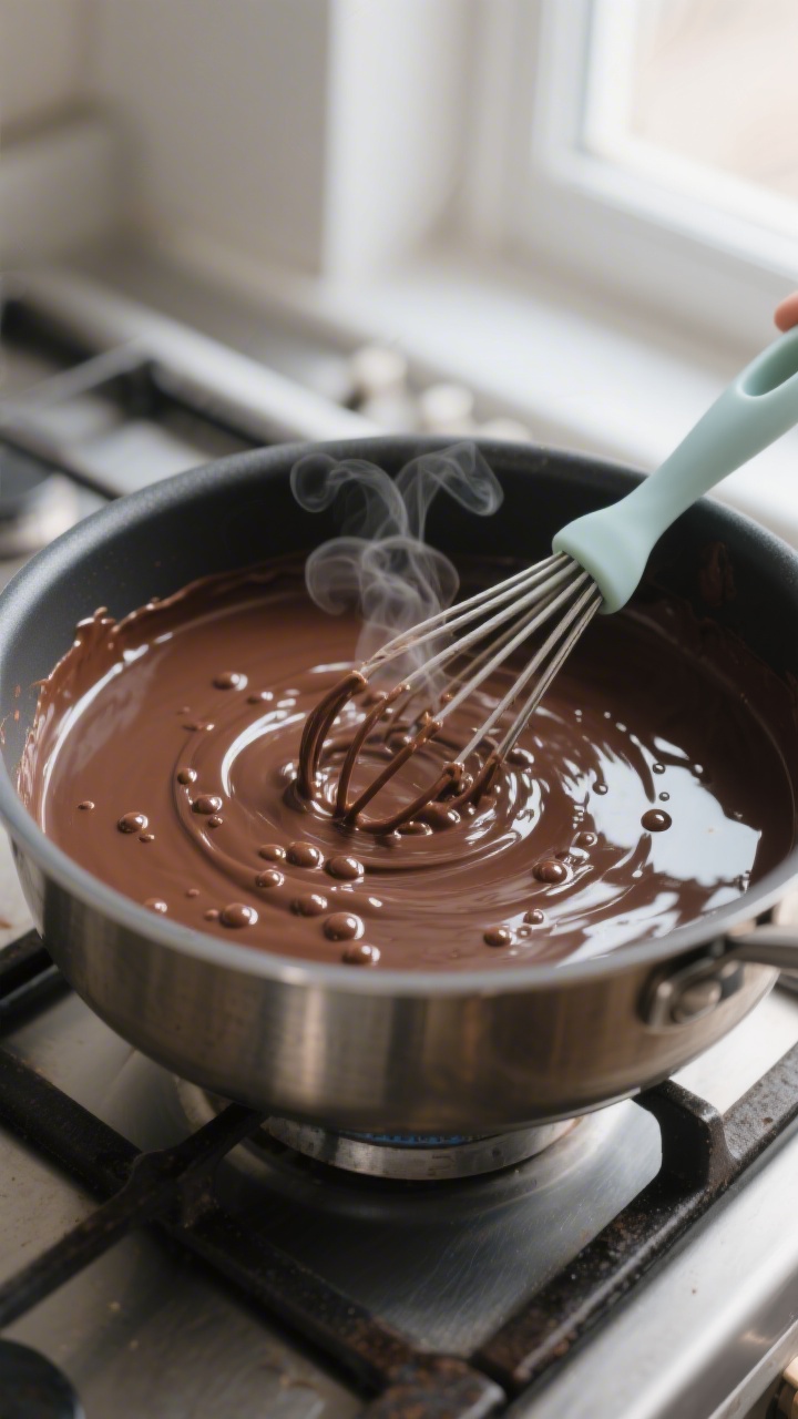 Cooking process, close-up detail: Thickening chocolate pudding in a heavy-bottomed saucepan on the s