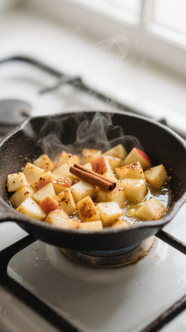 Cooking process close-up: Diced apples sautéing in a small skillet with melted butter and cinnamon,