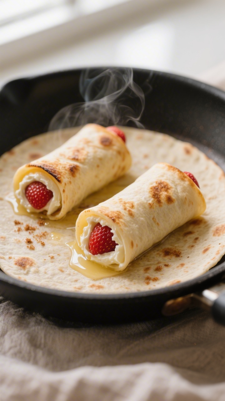 Cooking process close-up: Strawberry cream cheese roll ups toasting seam-side down in a buttered ski
