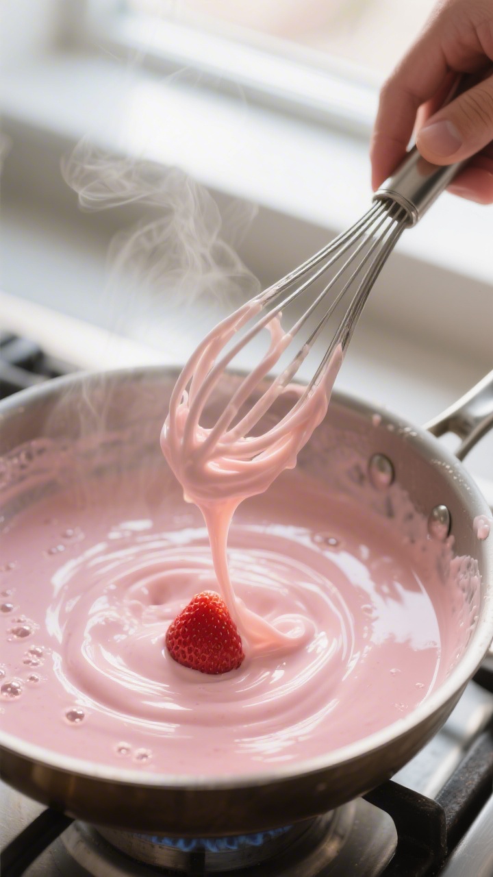 Cooking process close-up: Thickened strawberry custard swirling in a saucepan as it gently bubbles, 