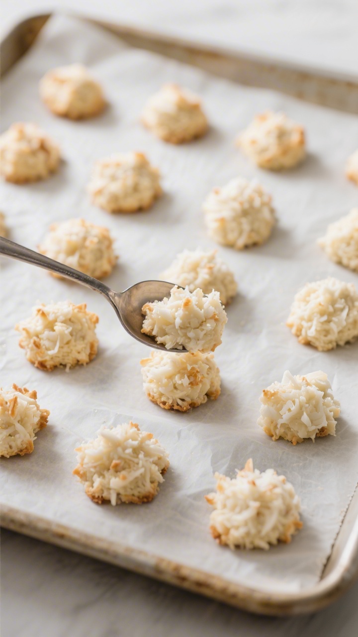 3 Ingredient Coconut Macaroons You Can Make in 20 Minutes 3 Cooking process: Compact mounds of coconut macaroon mixture being shaped on a parchment-lined baking