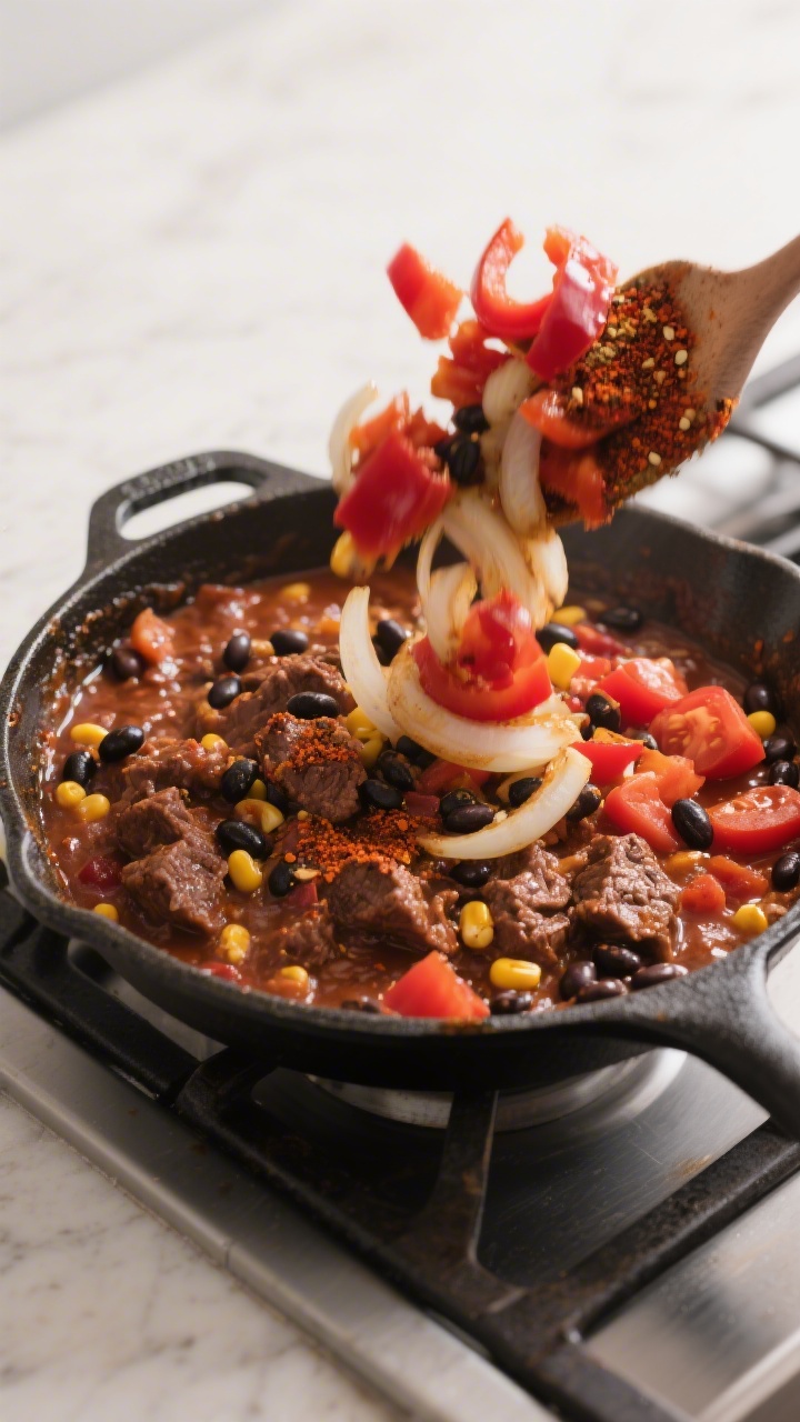 Cooking process: Oven-safe skillet on stovetop with the seasoned beef, sautéed onions and red bell 
