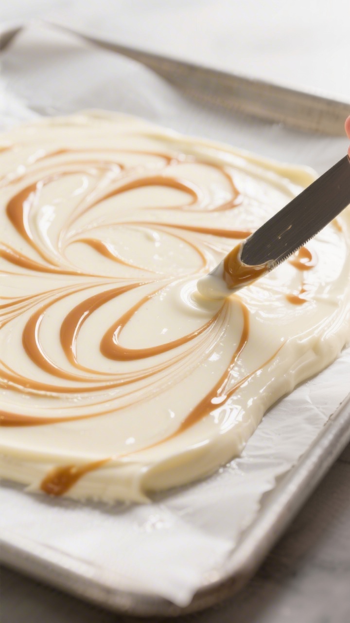 Cooking process: Overhead shot of a freshly spread 1/4-inch layer of melted white chocolate on parch
