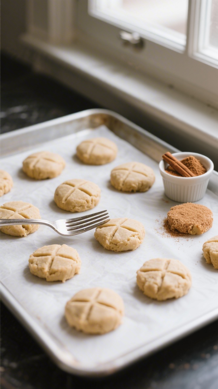 Cooking process: Overhead shot of shaped cookie dough balls flattened to about 1/2 inch with a clean