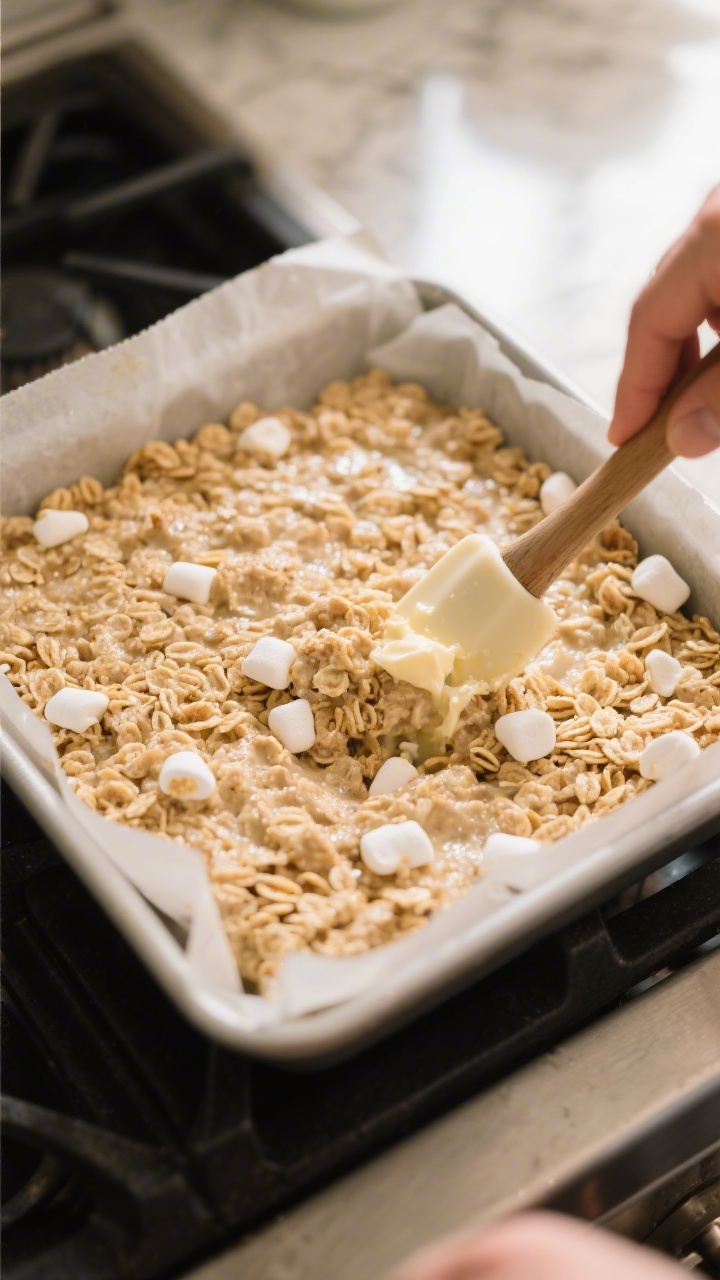 Cooking process: Overhead shot of the finished mixture being gently pressed into a parchment-lined 8
