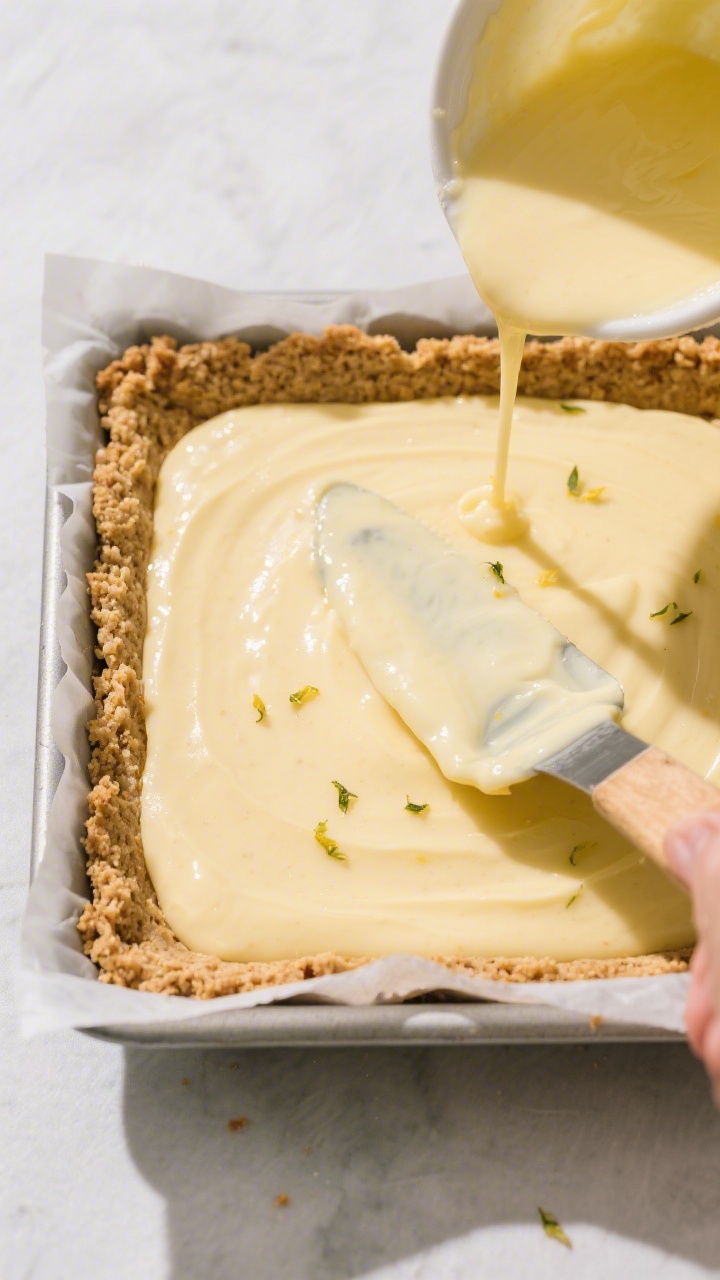 Cooking process: Overhead shot of the pressed cookie crumb crust in an 8-inch parchment-lined square