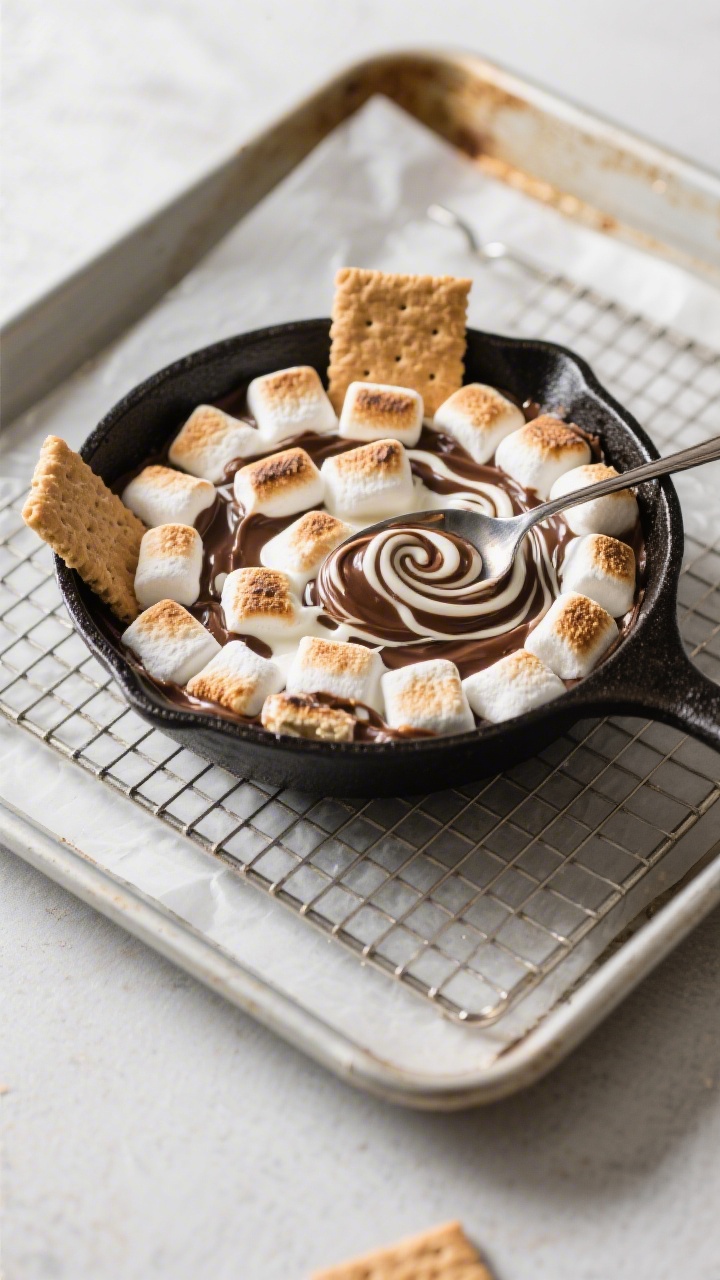 Cooking process: Overhead shot of the s’mores dip resting on a cooling rack right out of the 400°
