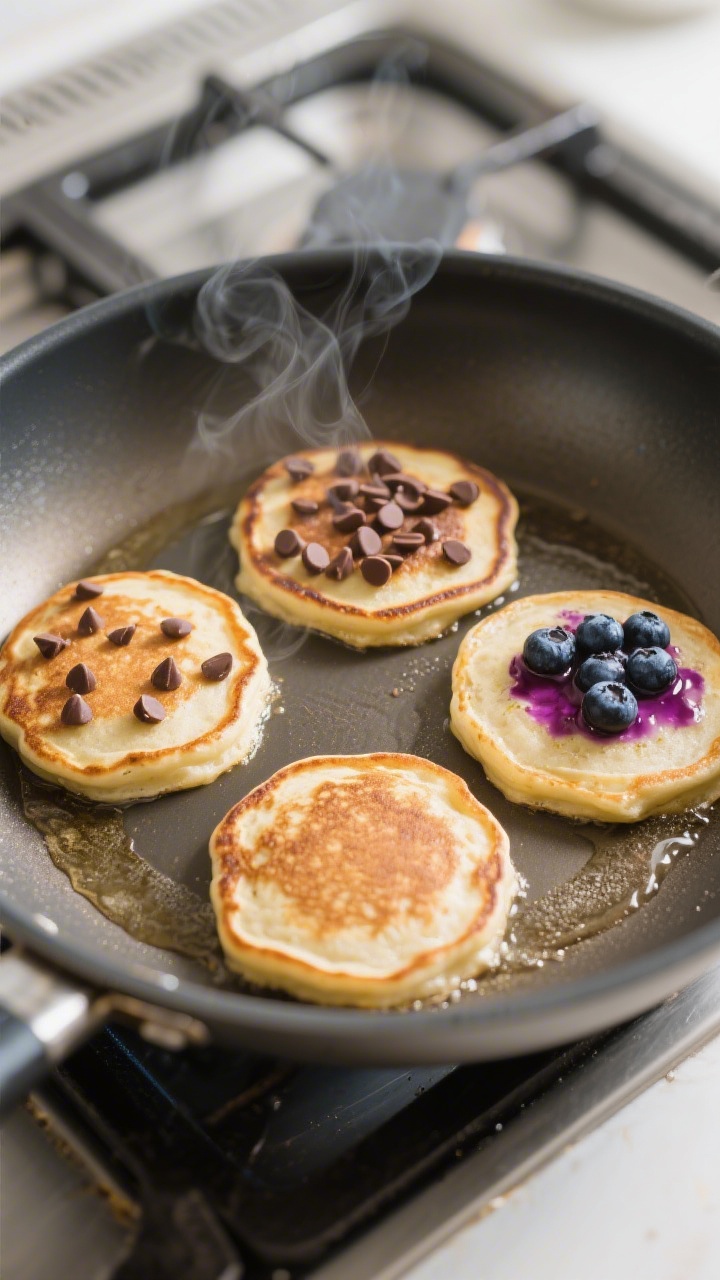 Cooking process: Overhead shot of three banana pancake rounds cooking in a lightly greased nonstick 