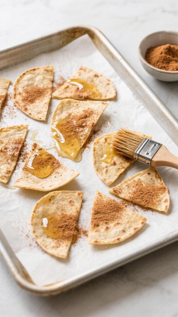 Cooking process: Overhead shot of tortilla wedges on a parchment-lined baking sheet just after brush