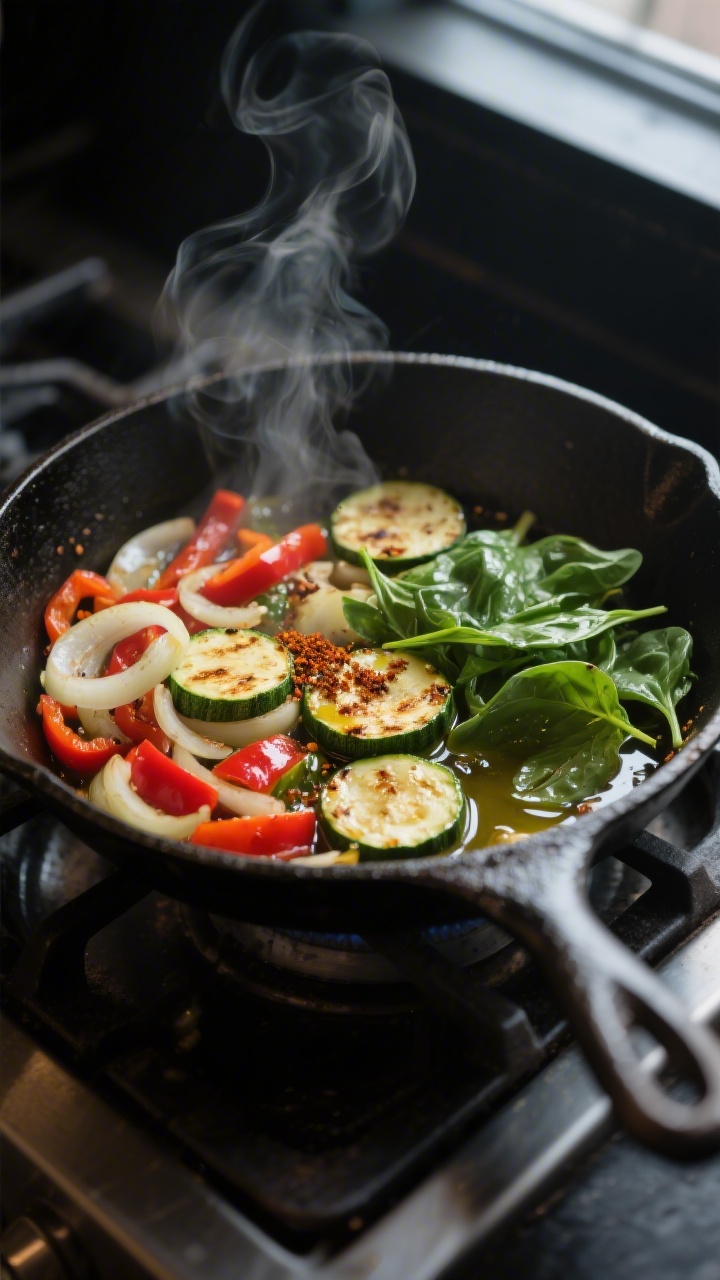 Savory Chickpea Flour Veggie Frittata - A Hearty, Egg-Free Brunch Favorite 2 Cooking process — Sautéed veggie base in skillet: Close-up of a 10-inch cast-iron skillet on the