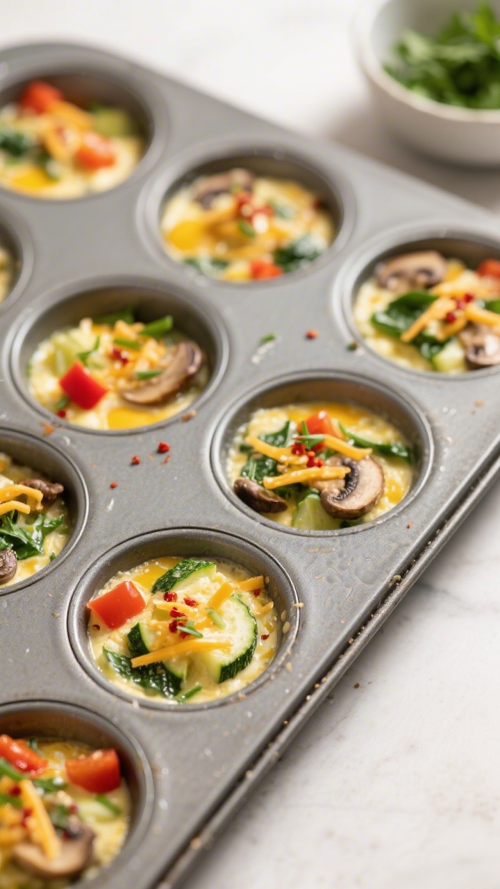 Cooking process shot: Close-up of a greased 12-cup muffin tin being filled 3/4 full with the whisked