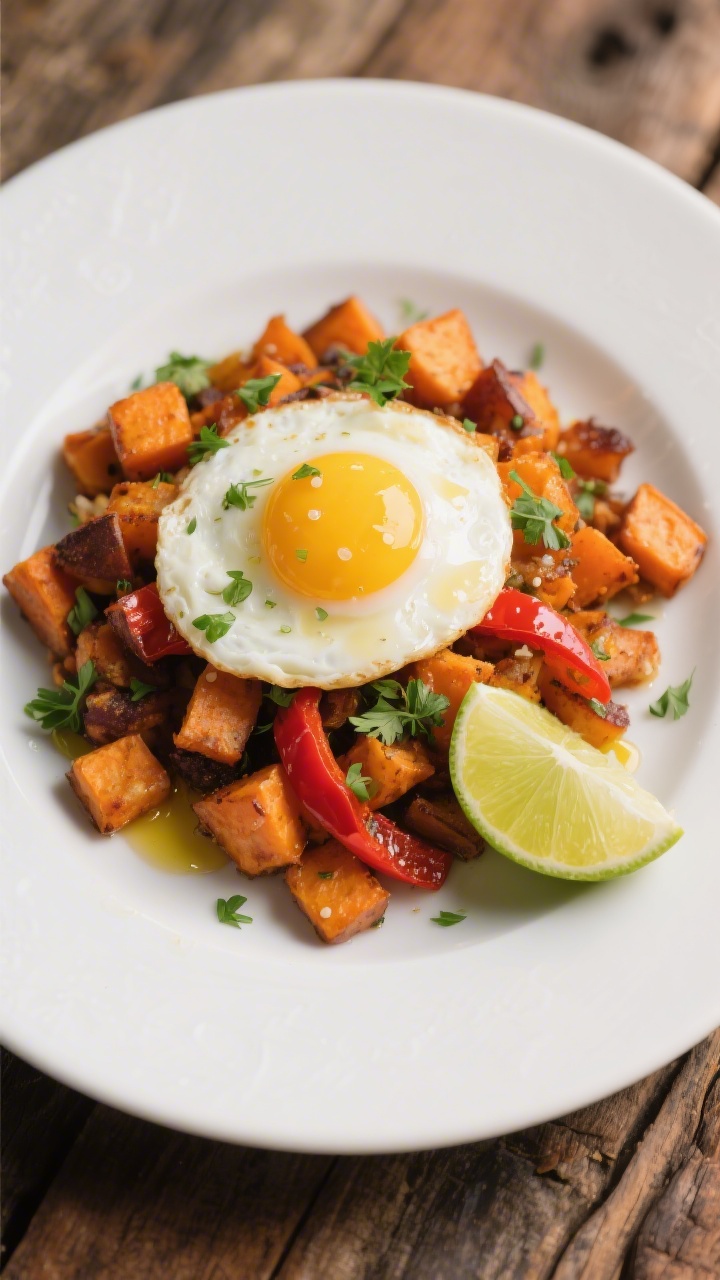 Final dish hero: Restaurant-quality plated sweet potato hash with one poached egg breaking slightly 