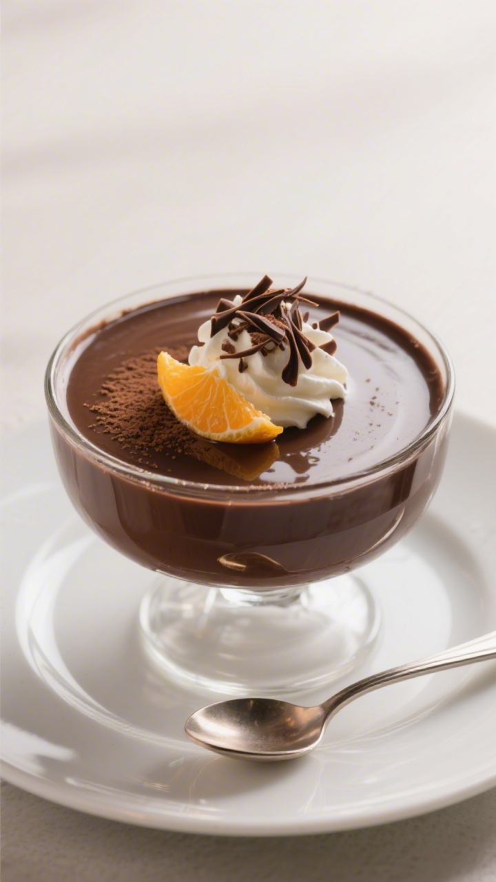 Final dish, plated elegance: One large glass dessert bowl of set chocolate pudding with a deep, mirr