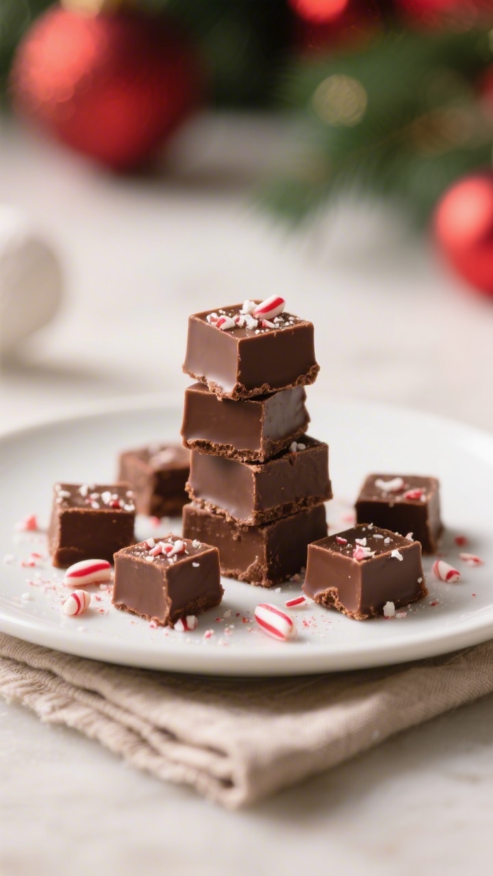 Final dish, plated presentation: Beautifully plated 1-inch squares of chocolate peppermint fudge sta