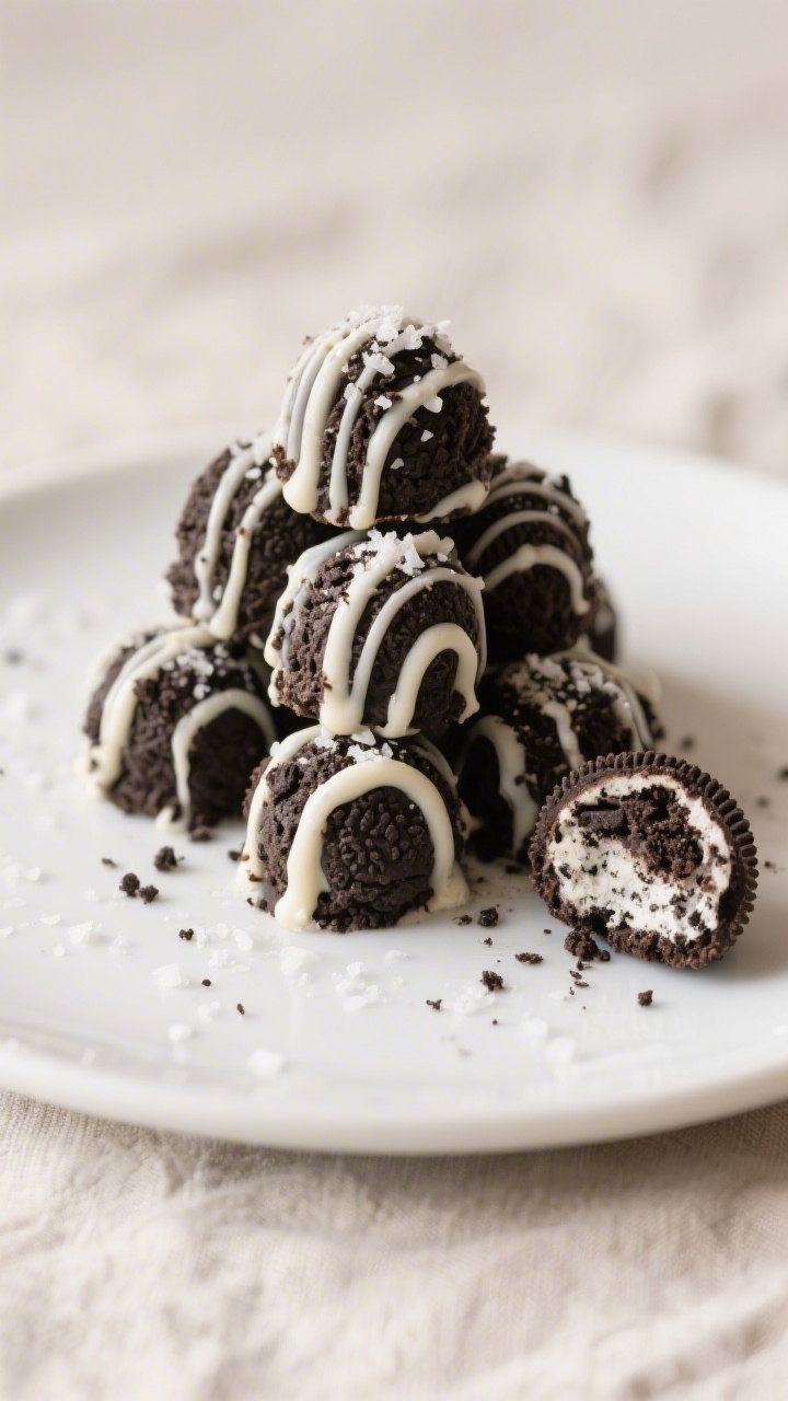 Final dish presentation: Beautifully plated 3-ingredient Oreo truffles arranged in a tight pyramid o
