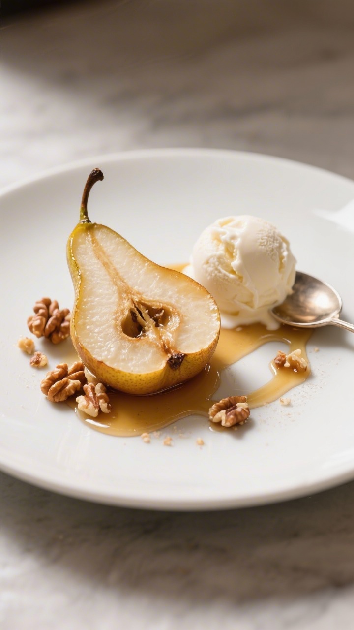 Final dish presentation: Beautifully plated baked pears with honey and walnuts served warm on a matt