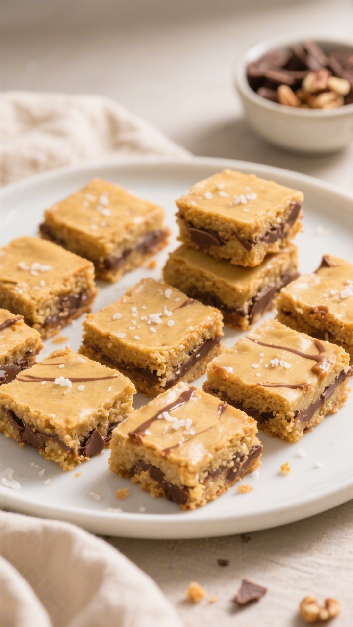 Final dish presentation: Beautifully plated blondie squares cut into even portions (9 large), arrang