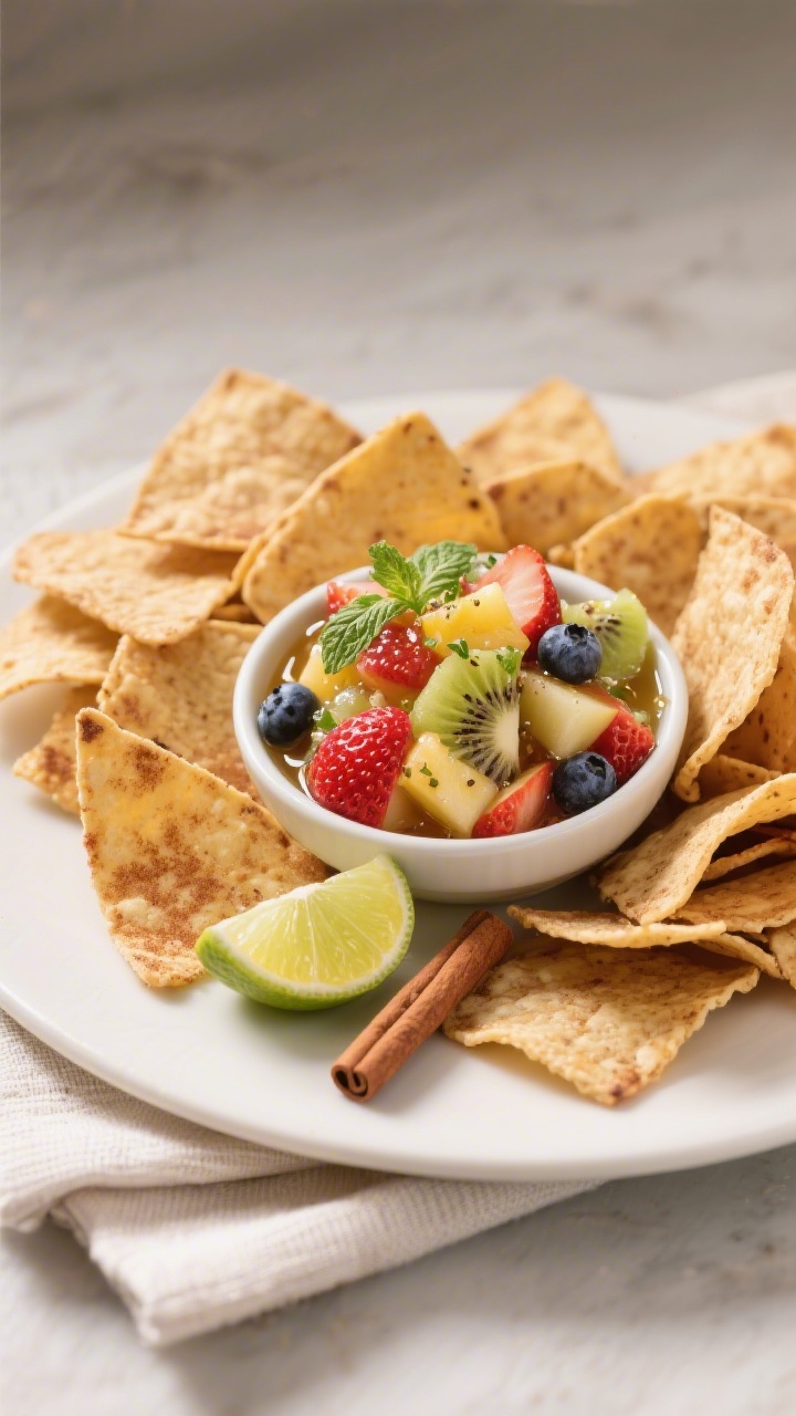 Final dish presentation: Beautifully plated cinnamon sugar tortilla chips piled on a matte white pla
