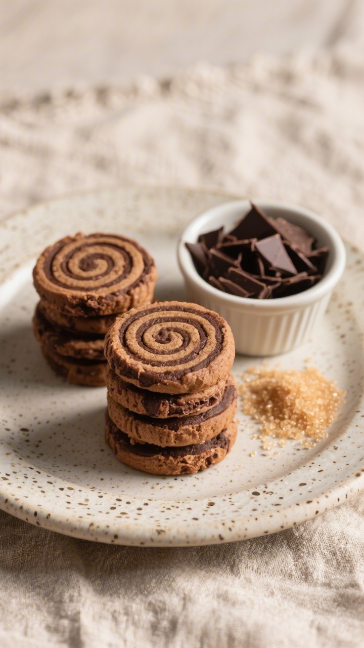 Final dish presentation: beautifully plated stack of rustic-looking chocolate swirl “fire wood” 