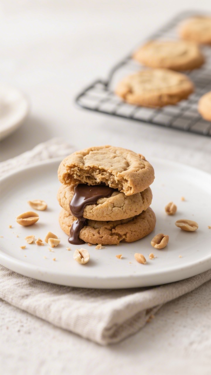 Final dish presentation: Beautifully plated stack of 3 ingredient peanut butter cookies on a matte w