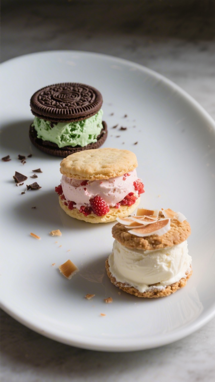 Final dish presentation: Beautifully plated trio of variation sandwiches—mint chip ice cream in ch