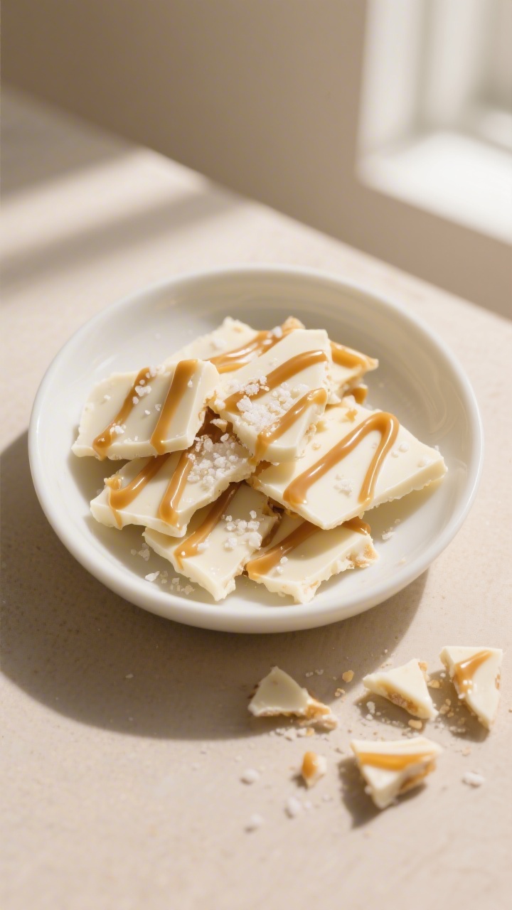 Final dish presentation: Beautifully styled shards of white chocolate caramel bark with distinct car