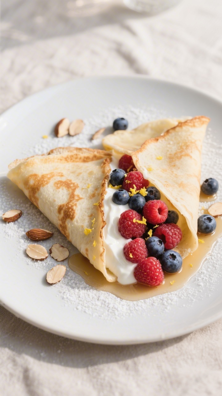 Final dish presentation: Coconut–almond crepes folded into quarters on a matte white plate, filled