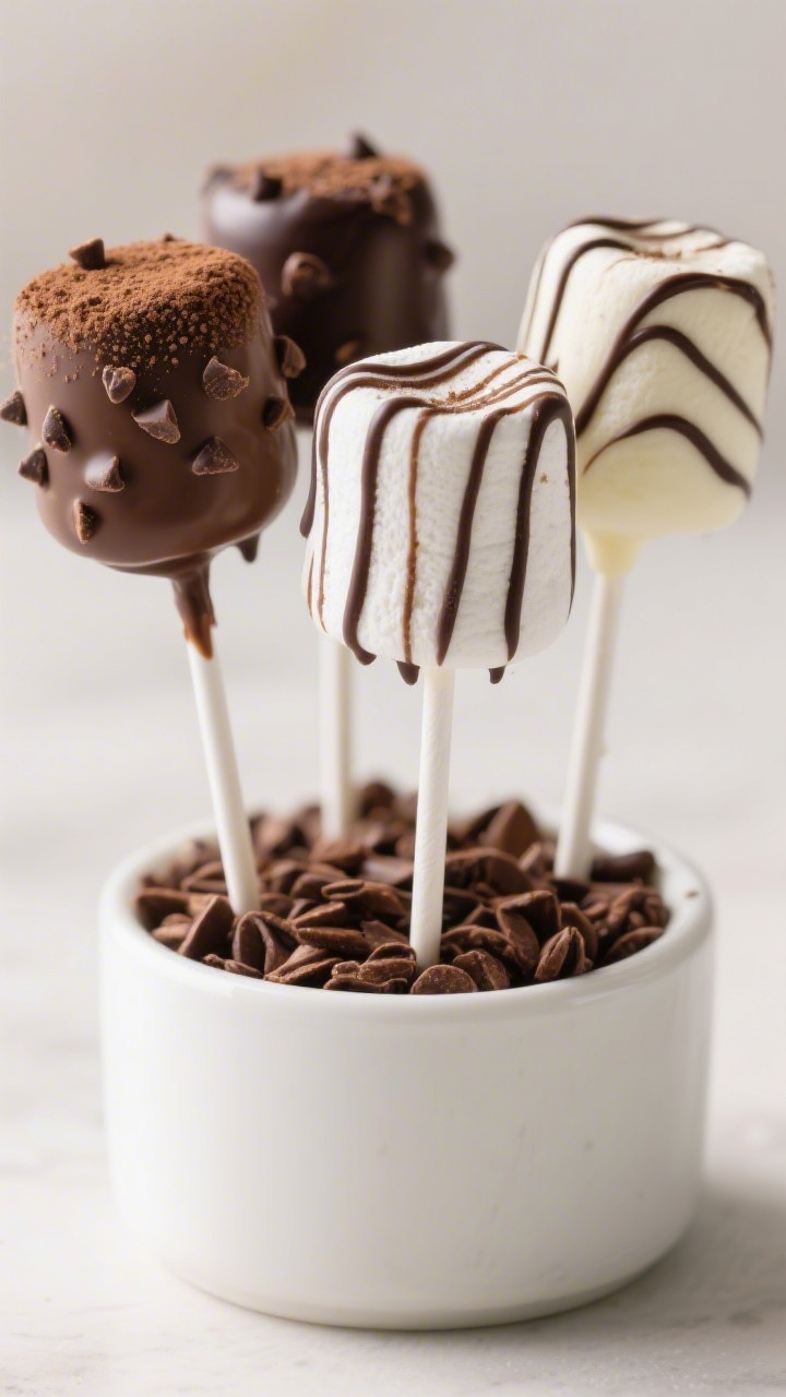 Final dish presentation: Elegant dessert display of jumbo chocolate dipped marshmallow pops on lolli