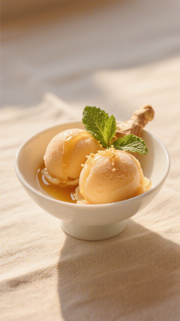 Final dish presentation: Restaurant-quality bowl of peach sorbet—two round, glossy scoops with sof