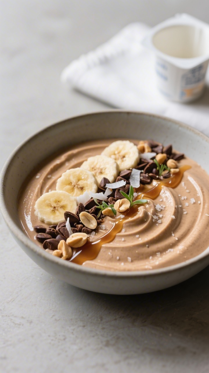 Final dish presentation: Restaurant‑quality peanut‑butter protein smoothie bowl in a matte ceram