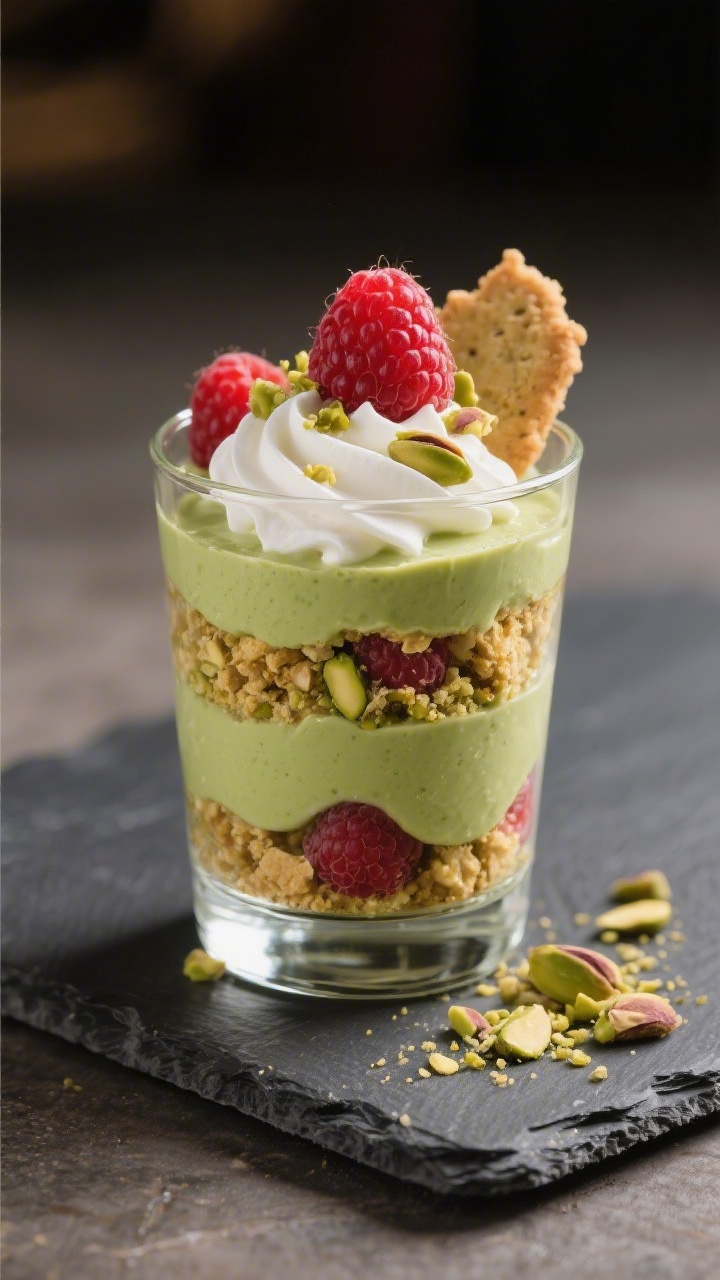 Final dish presentation: Restaurant-quality pistachio parfait layered in a clear tumbler—crumbled 