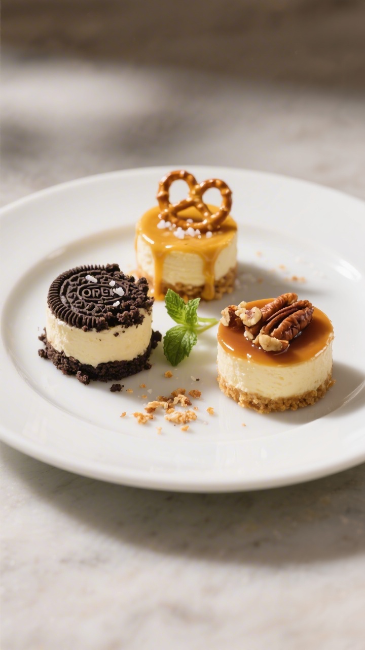 Final dish presentation: Restaurant-quality plate featuring three mini cheesecake bites on white cer