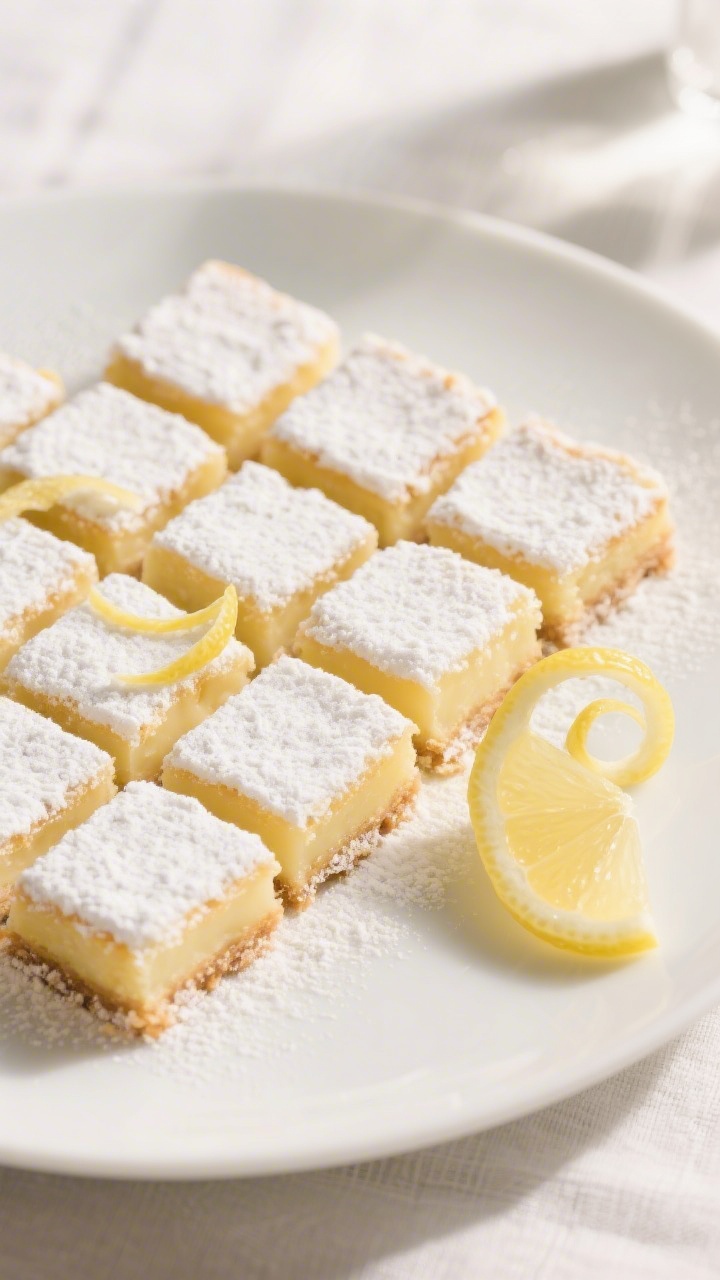 Final dish presentation: Restaurant-quality plate of neatly sliced lemon bars (16 squares), chilled 