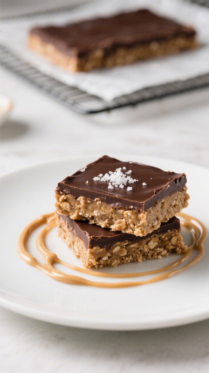 Final dish presentation: Restaurant-quality plated serving of two stacked no-bake chocolate peanut b