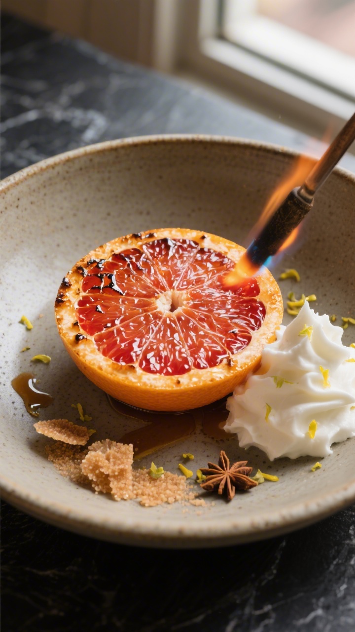 Final dish presentation: Restaurant-quality plated brown sugar baked grapefruit “brûlée” style