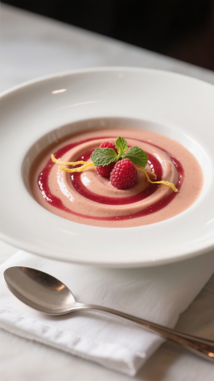 Final dish presentation: Restaurant-quality plating of warm raspberry pudding in a low, wide white b