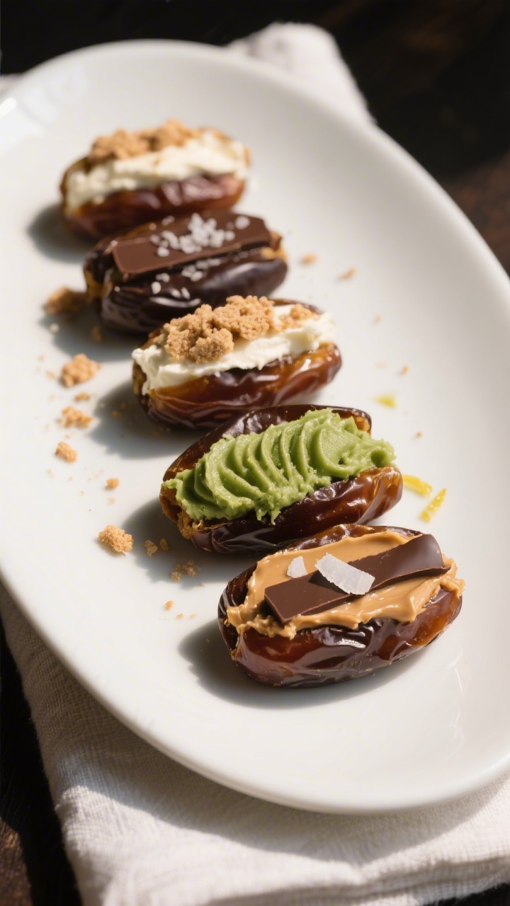 Final dish presentation: Restaurant-quality platter of assorted 3-ingredient stuffed dates arranged 