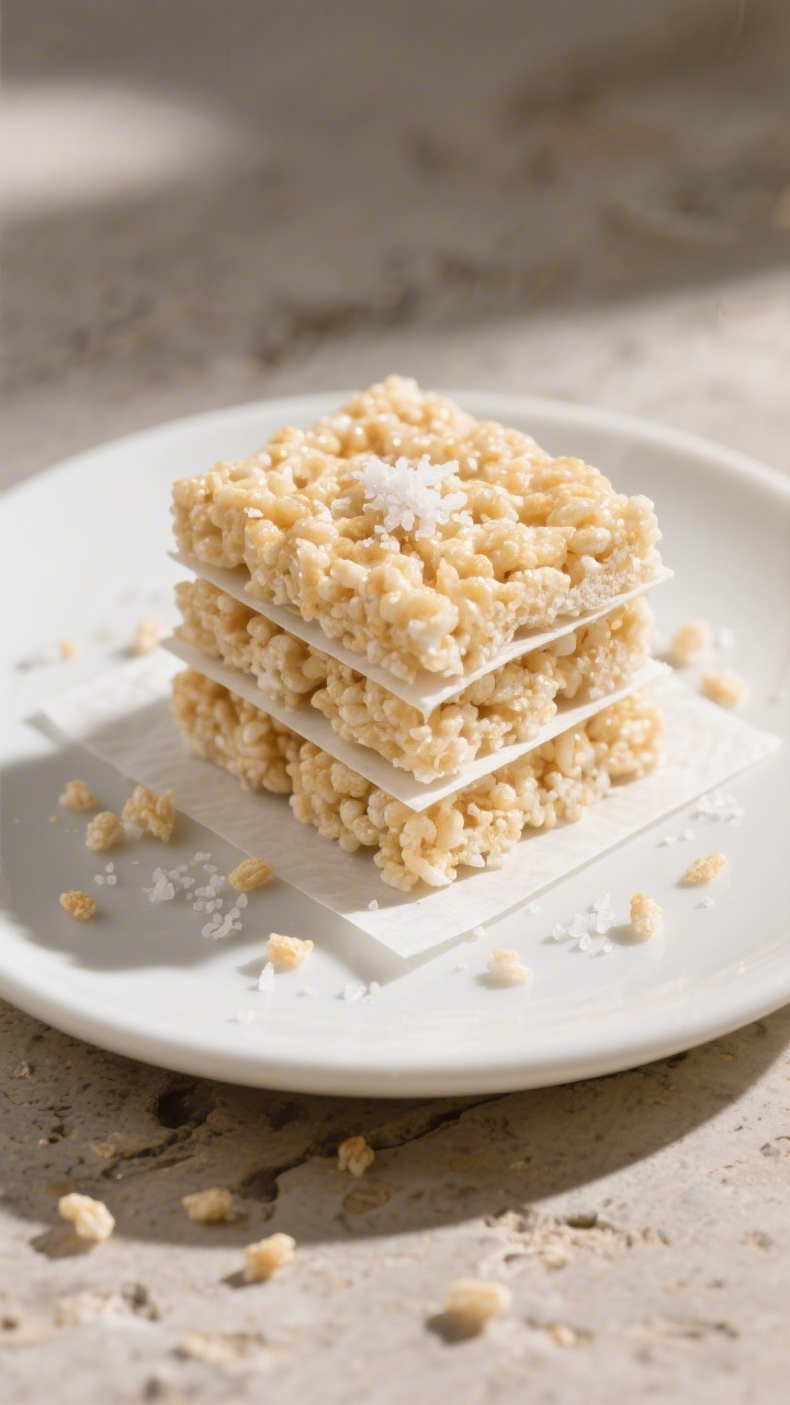 Final dish presentation: Restaurant-quality stack of uniformly sliced Rice Krispie treat squares on 