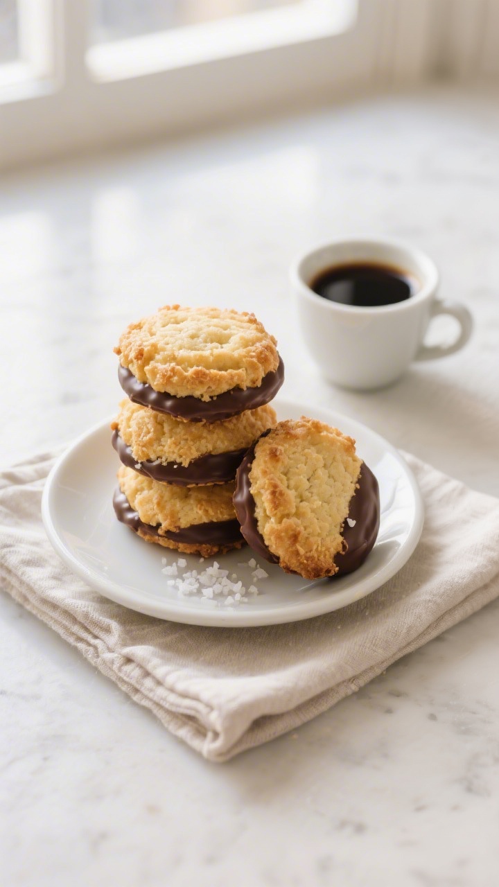 3 Ingredient Coconut Macaroons You Can Make in 20 Minutes 4 Final dish presentation, tasty top view: Overhead shot of a small plate stack of golden, chewy cocon