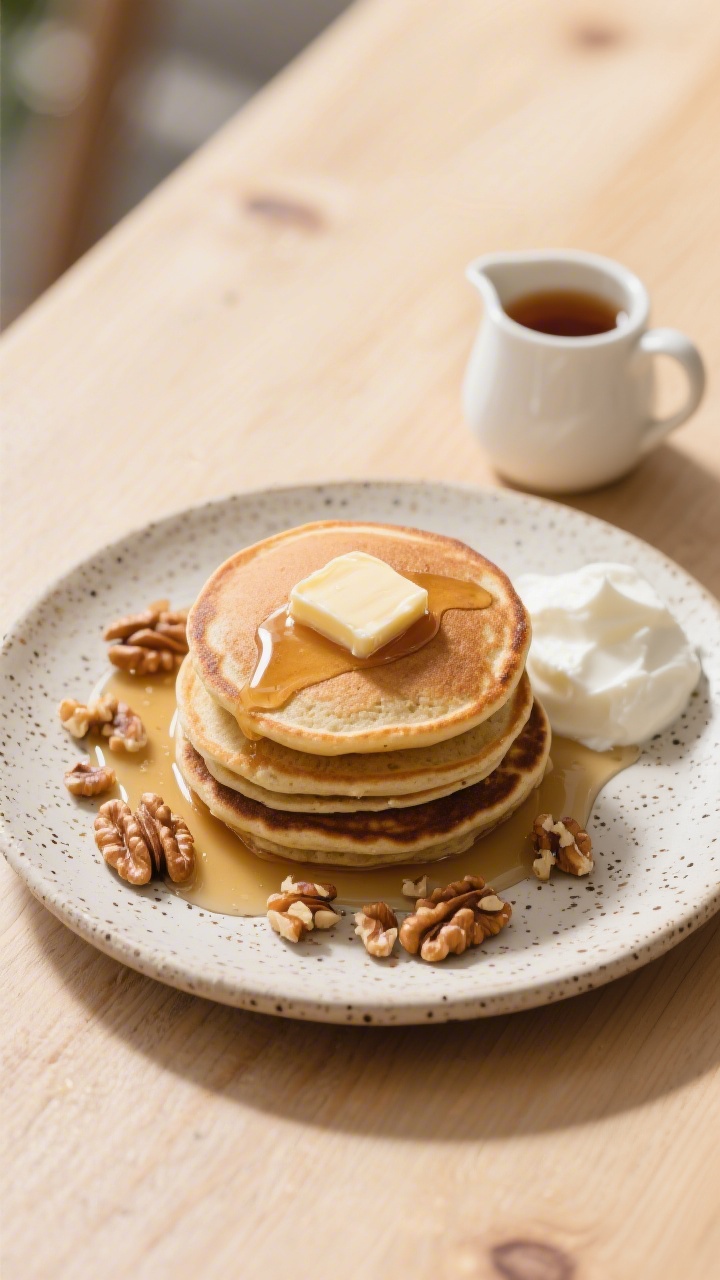 Final dish top view: Tasty top-down brunch scene of gluten-free banana pancakes arranged in a neat s