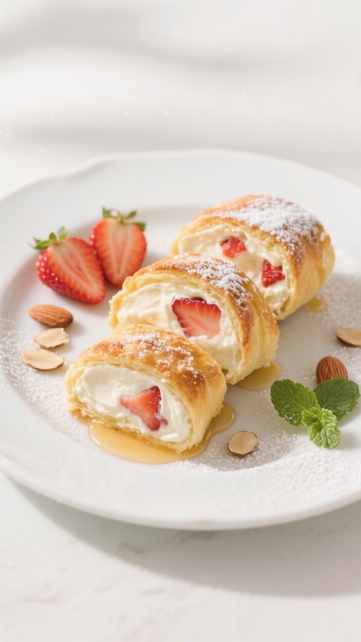Final plated beauty: Restaurant-quality presentation of Strawberry Cream Cheese Roll Ups on a white 