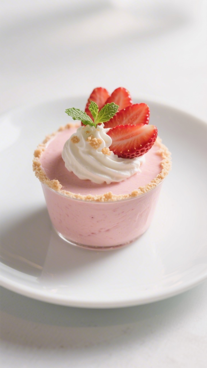 Final plated beauty: Single-serve cup of ultra-smooth strawberry pudding on a matte white plate, sur