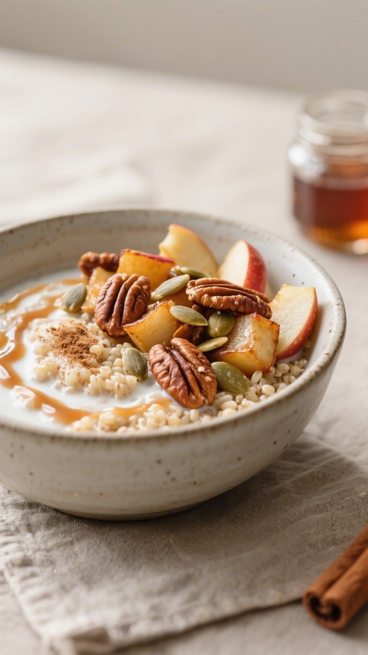 Final plated bowl beauty shot: Cinnamon‑apple quinoa breakfast bowl served warm in a matte stonewa
