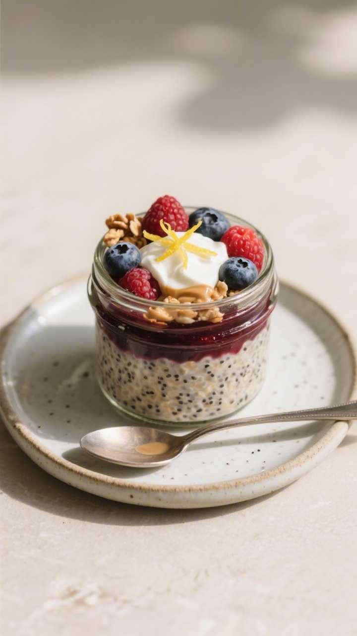 Final plated café-style presentation: Beauty shot of a single jar of Berry Chia Jam Overnight Oats 