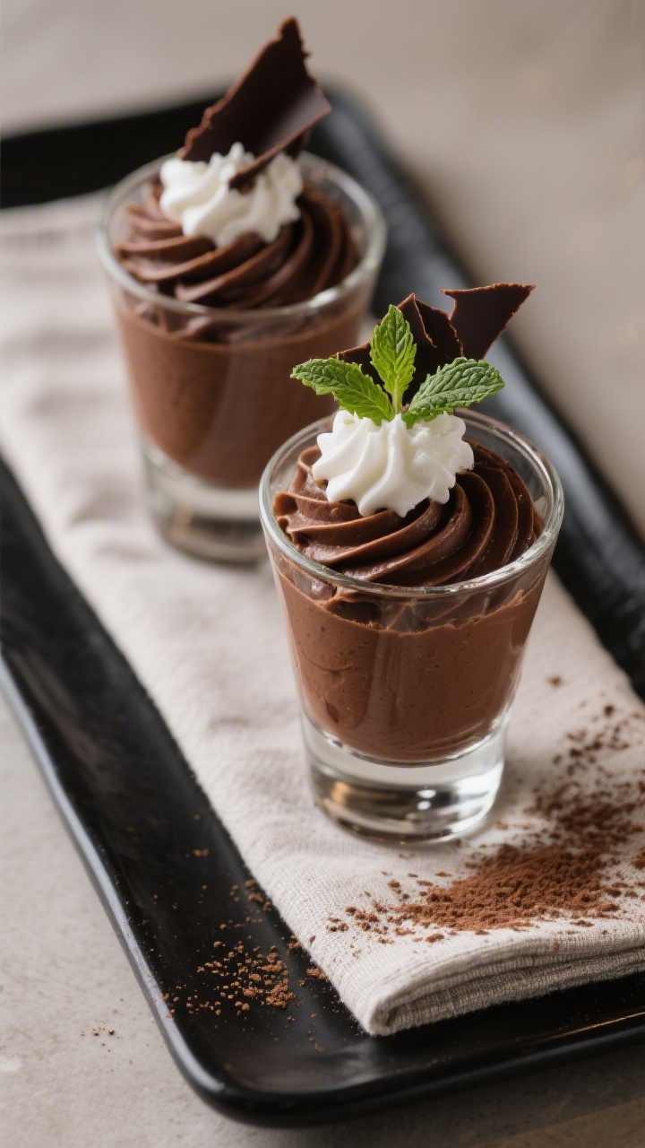 3 Ingredient Chocolate Mousse - Light, Lush, and Incredibly Easy 3 Final plated dessert: elegantly piped 3-ingredient chocolate mousse in small clear stemless glasses,